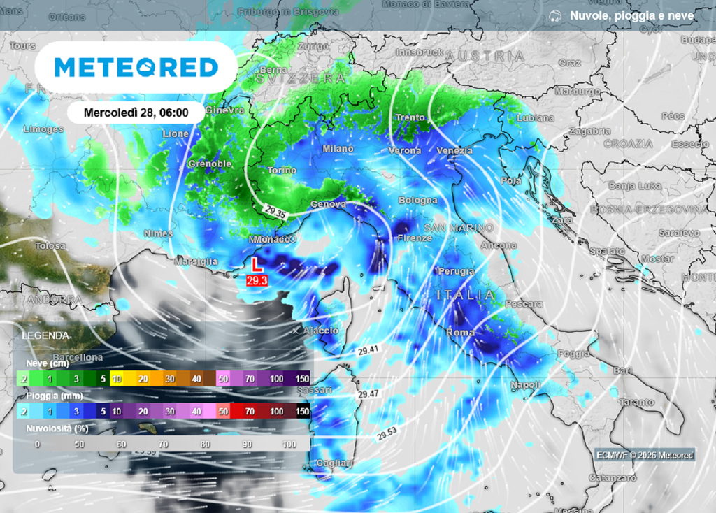Mercoledì 28 gennaio sarà una giornata di maltempo su buona parte dell'Italia. All'inizio verrà colpito il Nord, ma la perturbazione sarà in rapida estensione verso il Centro e il Sud.