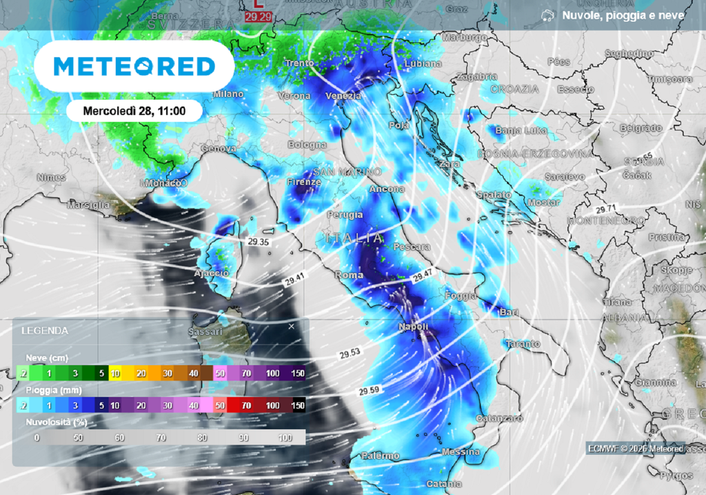 Maltempo in estensione al Centro-Sud nel corso della giornata di mercoledì 28 gennaio 2026.