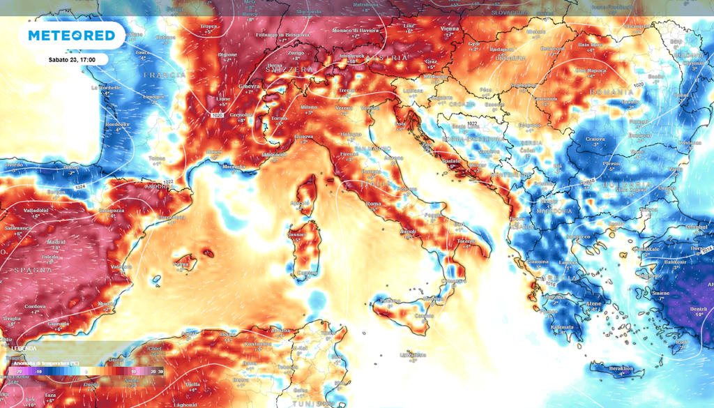 Anomalie temperature. Le anomalie di temperatura attese nel fine settimana sull'Europa. Si nota i valori sopra la media attesi al Centro-Nord.