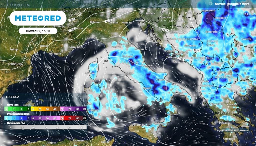 L'Italia nella giornata di giovedì (già da mercoledì al Nord) interessata da una circolazione instabile con un sistema perturbato a portare precipitazioni e un calo termico su buona parte della nostra penisola ed entro sera su tutta l'Italia.