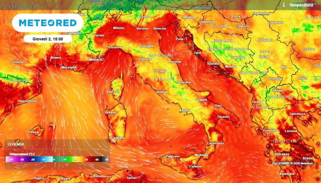 La mappa mostra il calo termico previsto per giovedì, quando aria decisamente meno calda, di origine atlantica, scalzerà l'aria calda pre-esistente. ECMWF Meteored