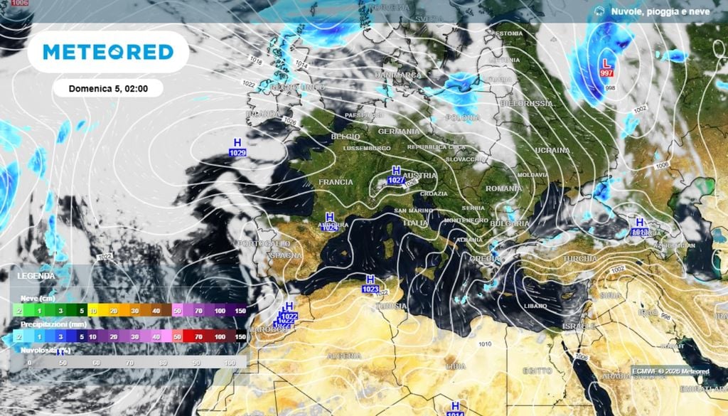 In questa mappa è possibile notare l'azione dell'anticiclone delle Azzorre sull'Europa occidentale e sull'area mediterranea. Tuttavia, l'anticiclone "buono", probabilmente, verrà presto inglobato in una nuova circolazione anticiclonica di matrice nord-africana. ECMWF Meteored