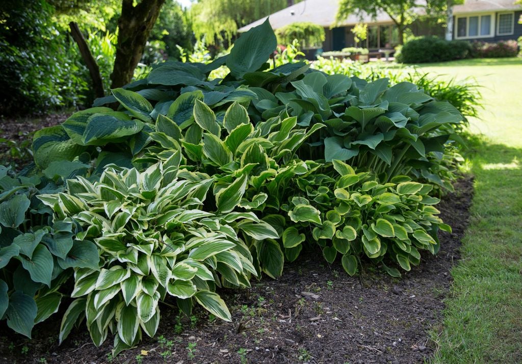 Les hostas créent des espaces accueillants avec leurs grandes feuilles vertes.
