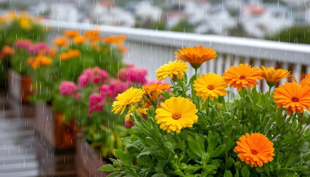 calendulas Aunque puede crecer en macetas individuales, una jardinera ofrece a la caléndula espacio suficiente para expandirse y formar una composición más tupida y colorida.
