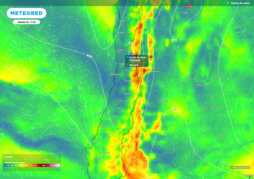 El viento cordillerano se intensificará el fin de semana, con rachas cercanas a 70 km/h en sectores de la cordillera central y sur.