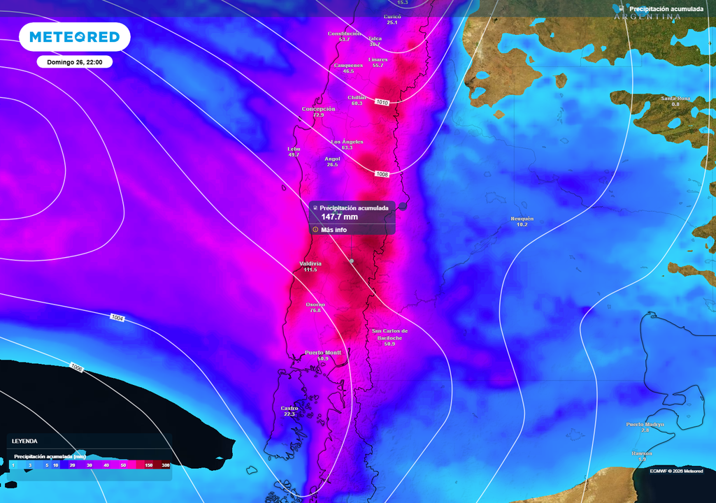 Las precipitaciones tendrán importantes acumulados en la Araucanía y Los Ríos que podrían superar los 100 mm en algunos sectores entre el fin de semana y el lunes 27 de julio.