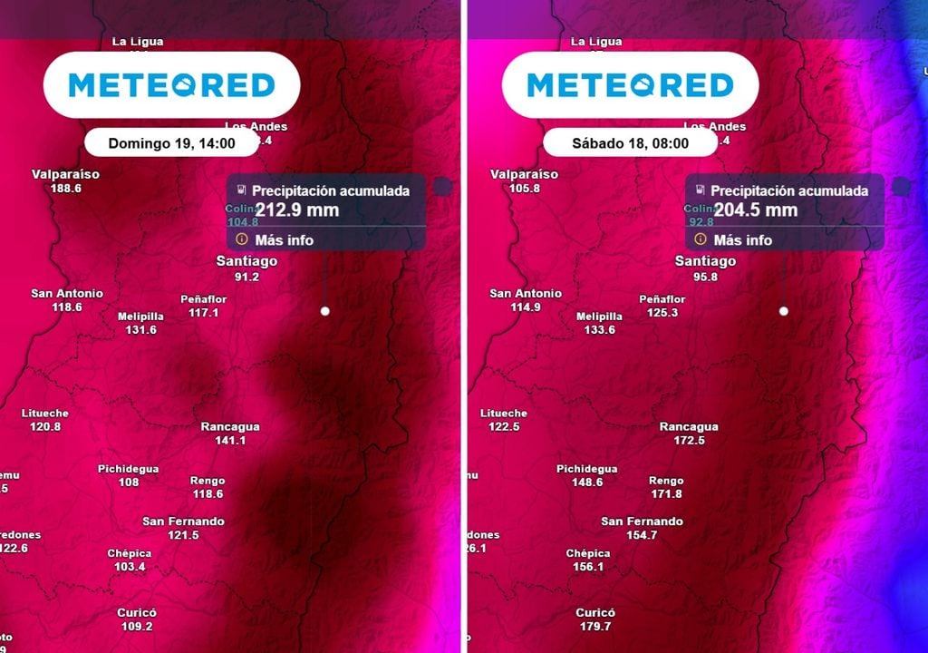 ECMWF y GFS Modelos coinciden: ECMWF (imagen izquierda) y GFS (imagen derecha) prevén acumulados sobre los 200 mm en zonas de la precordillera metropolitana y sobre 100 mm en localidades del valle.