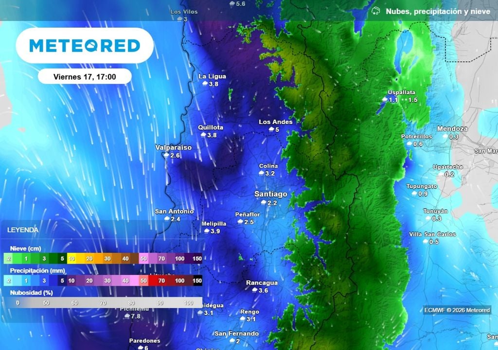 Precipitaciones El viernes se concentrarían las lluvias más intensas en la RM: modelo ECMWF indica cerca de 40 mm en Santiago este día.