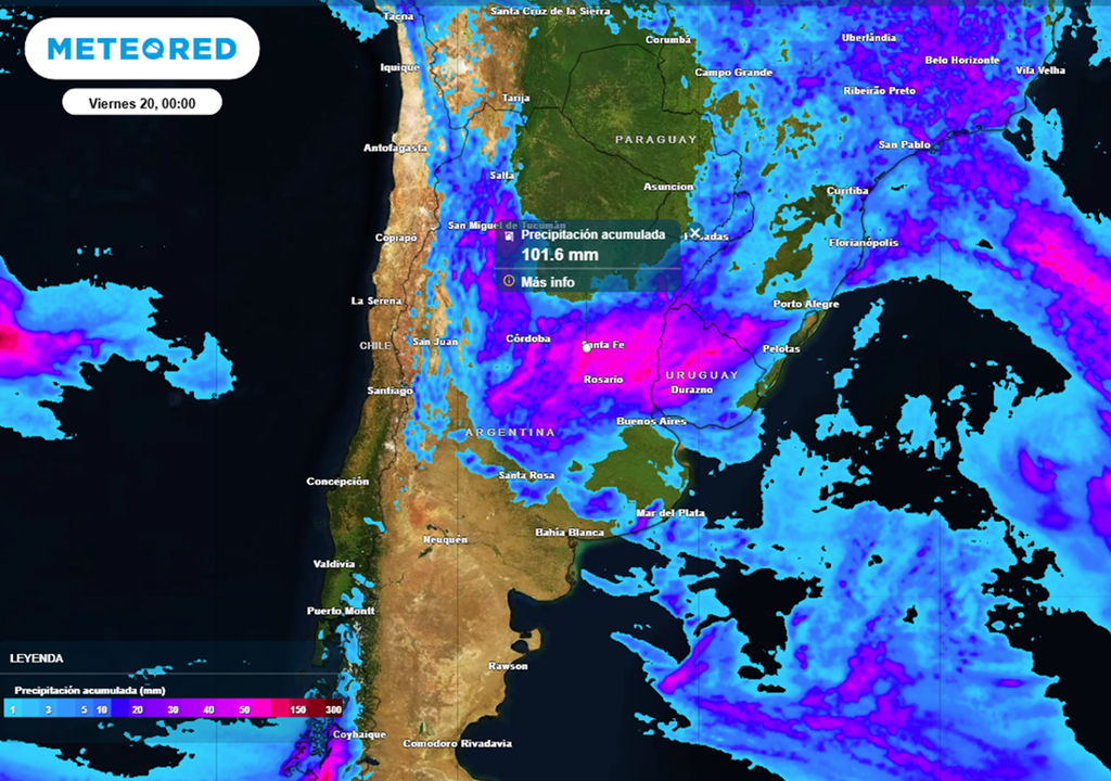 precipitaciones acumuladas Las lluvias para todo el periodo, miércoles y jueves, pueden superar puntualemte los 100 mm en el Litoral, Córdoba y Santa Fe, según estimaciones del ECMWF.