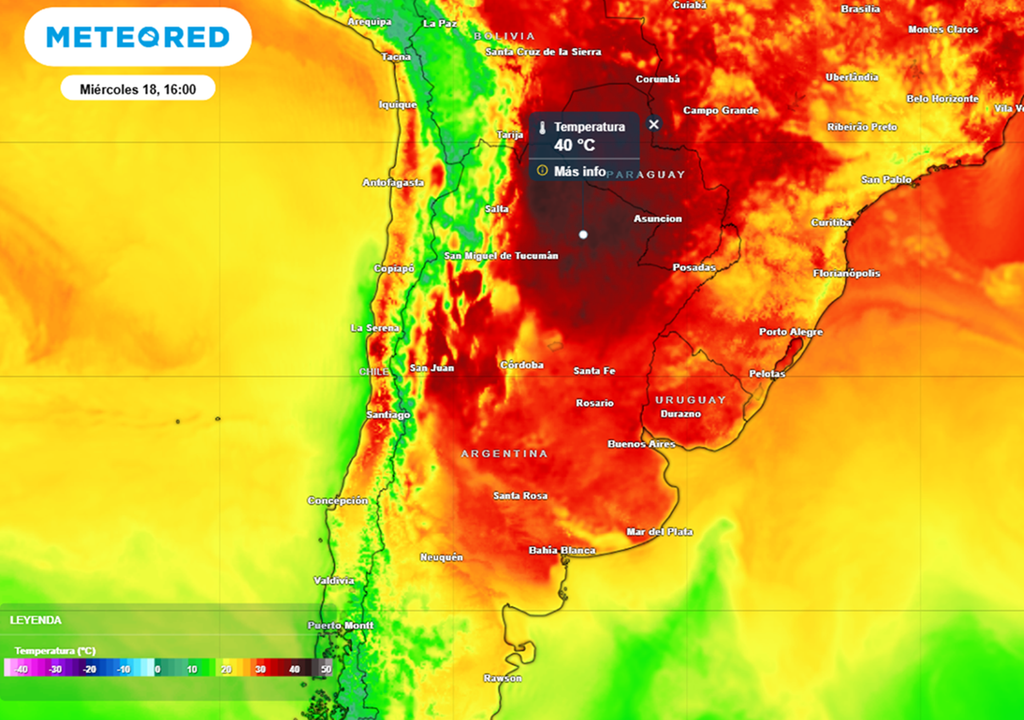 calor sofocante en el norte Los valores de temperatura más extremos cercanos (o superiores) a los 40 °C, con elevada humedad y sensación térmica sofocante, estarán nuevamente este miércoles 19 sobre las provincias del norte y NEA