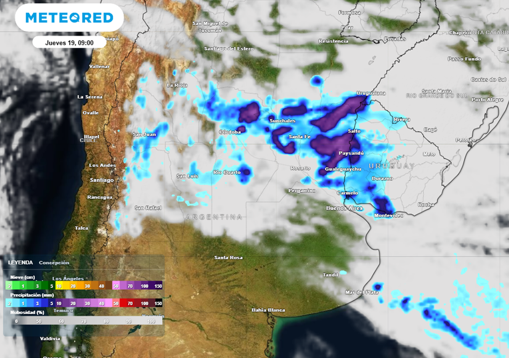 Noche y madrugada de tormentas fuertes en el centro y Litoral Madrugada y mañana del jueves 19 con tormentas fuertes en el centro y Litoral. Créditos: Modelo ECMWF