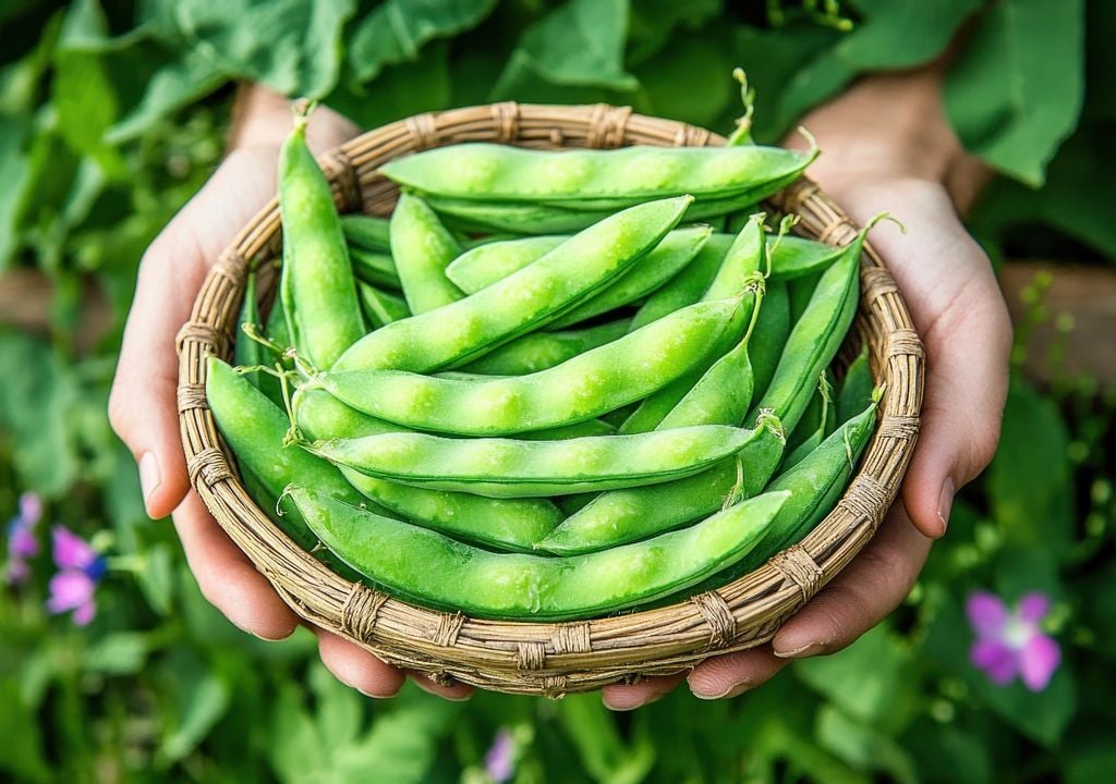Las vainas quedan a una altura cómoda para cosechar en balcones o terrazas.