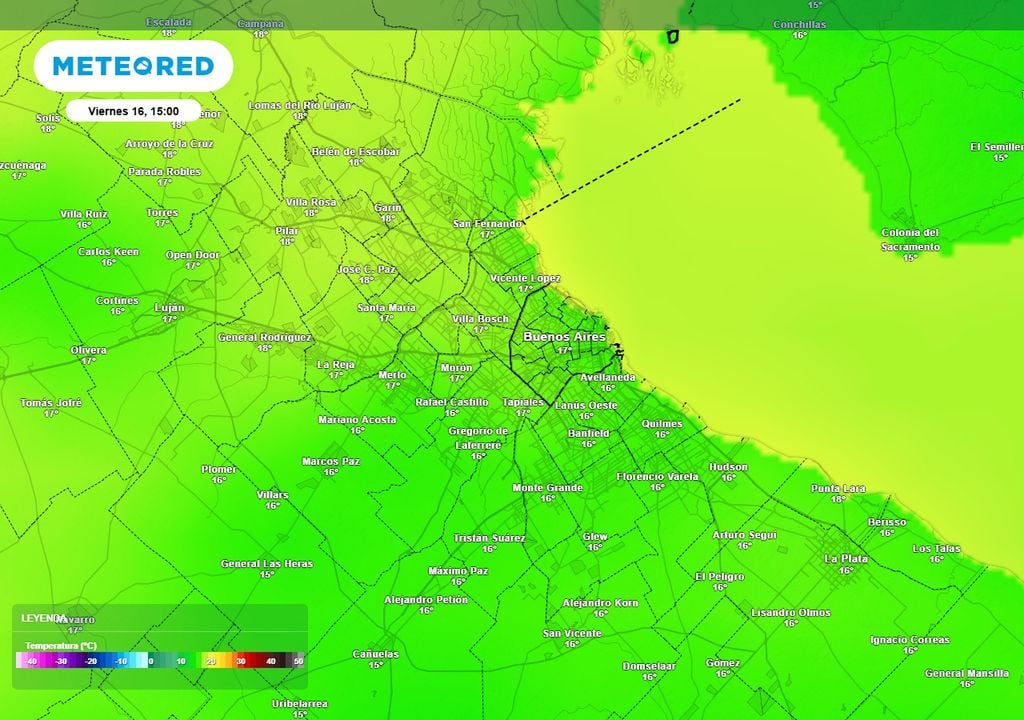 Temperatura viernes Las temperaturas serán parejas durante los próximos días, más típicas del otoño que de la primavera: estas serán las de la tarde del viernes en el AMBA
