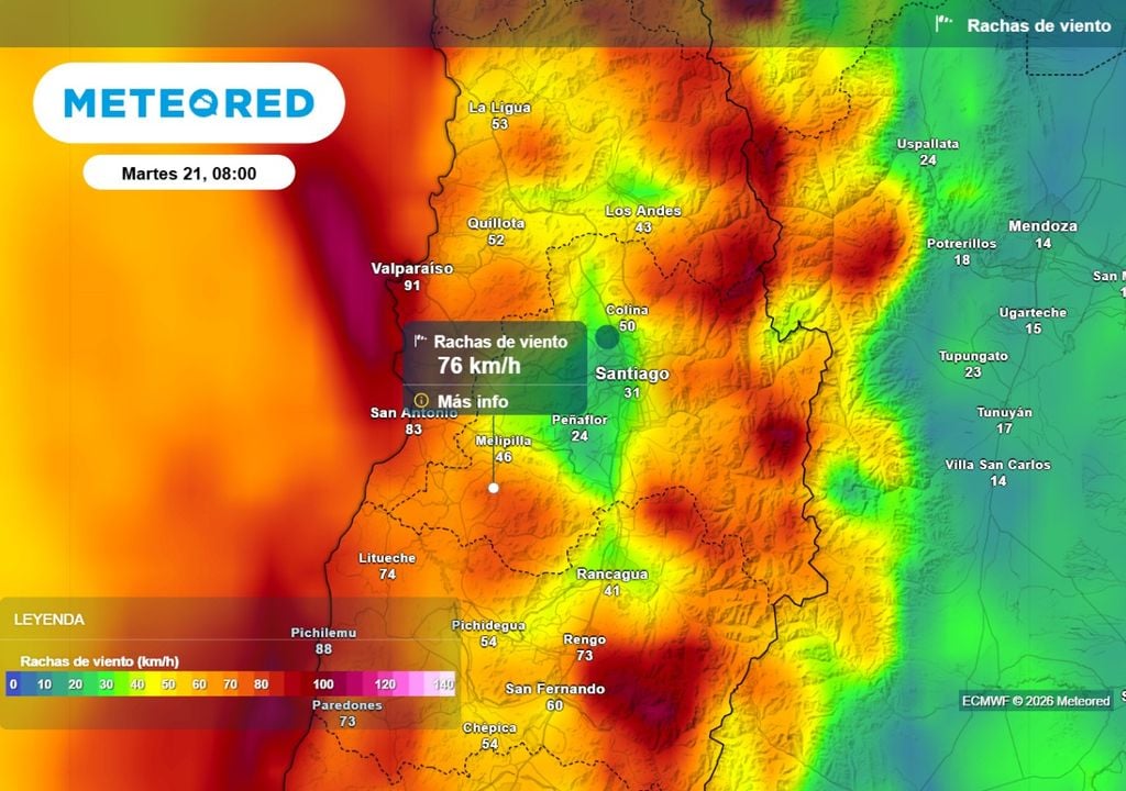 Rachas de viento La próxima semana otra vez podrían incrementarse las rachas de viento en Santiago con la llegada de un nuevo pulso de precipoitaciones.