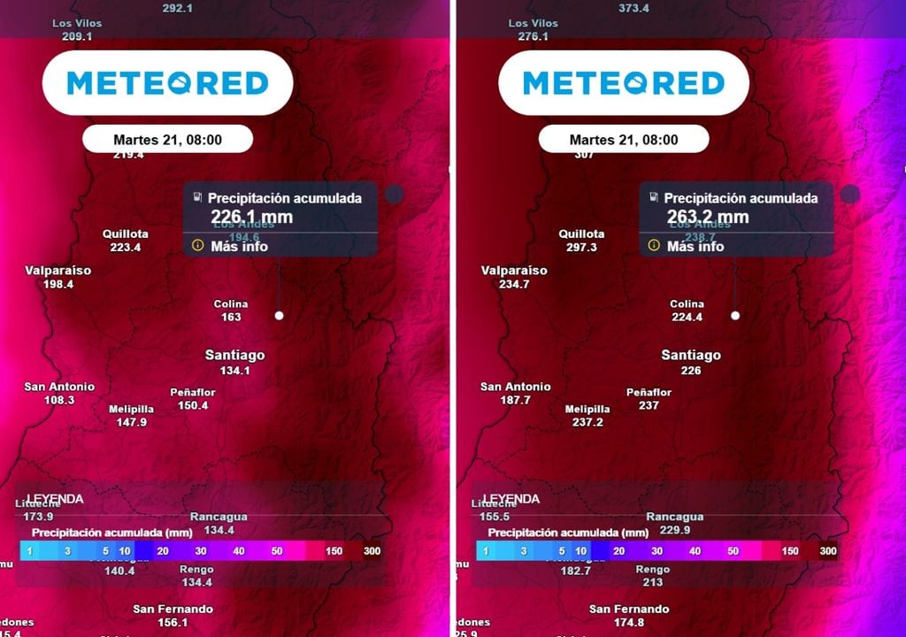 Precipitación acumulada Entre jueves y martes: tanto el ECMWF (imagen izquierda) como el GFS (imagen derecha) prevén más de 200 mm en zonas de la RM.