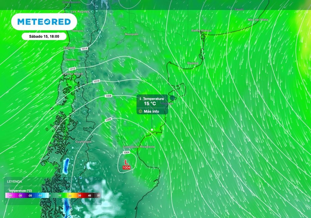 Temperatura Patagonia Durante el sábado 15 de agosto aire más templado logrará llegar al sudeste de Chubut con máximas en el entorno de los 15 ºC en el área de Comodoro Rivadavia.