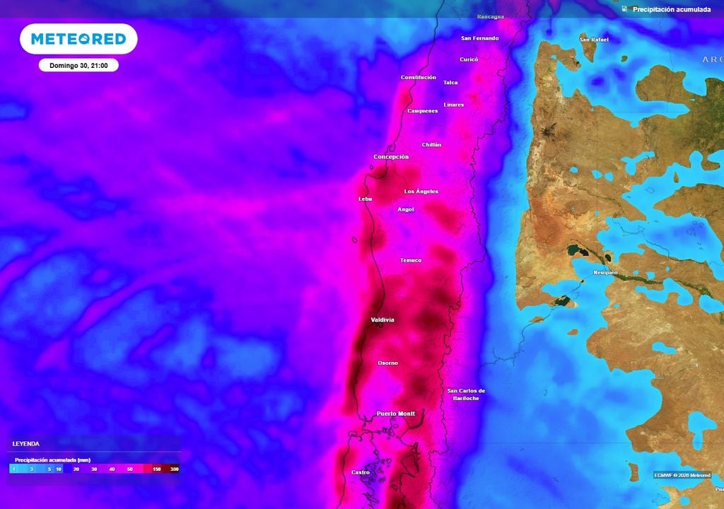 lluvia acumuladas La cordillera de Nahuelbuta, la cordillera de la costa y precordillera de Los Ríos y Los Lagos recibirán los acumulados más importantes de precipitación este fin de semana.