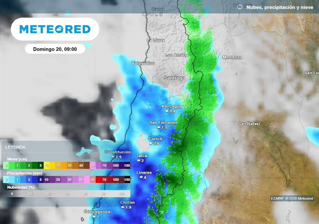 Lluvias Modelo europeo: las lluvias el domingo tienen mayor probabilidad en zonas del sur de la RM y en sectores de la cordillera, mientras en Santiago unicamente podrían registrarse de forma aislada y débil.