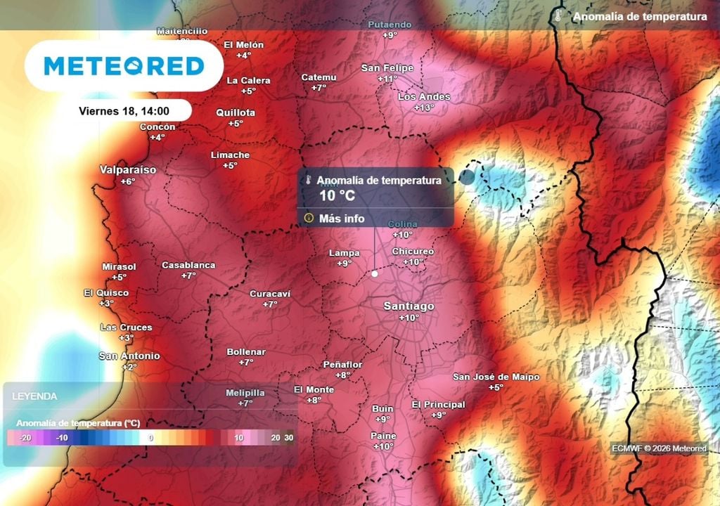 Anomalías de temperaturas Mapas de anomalías de temperatura muestran valores muy por sobre lo normal los próximos días en Santiago.