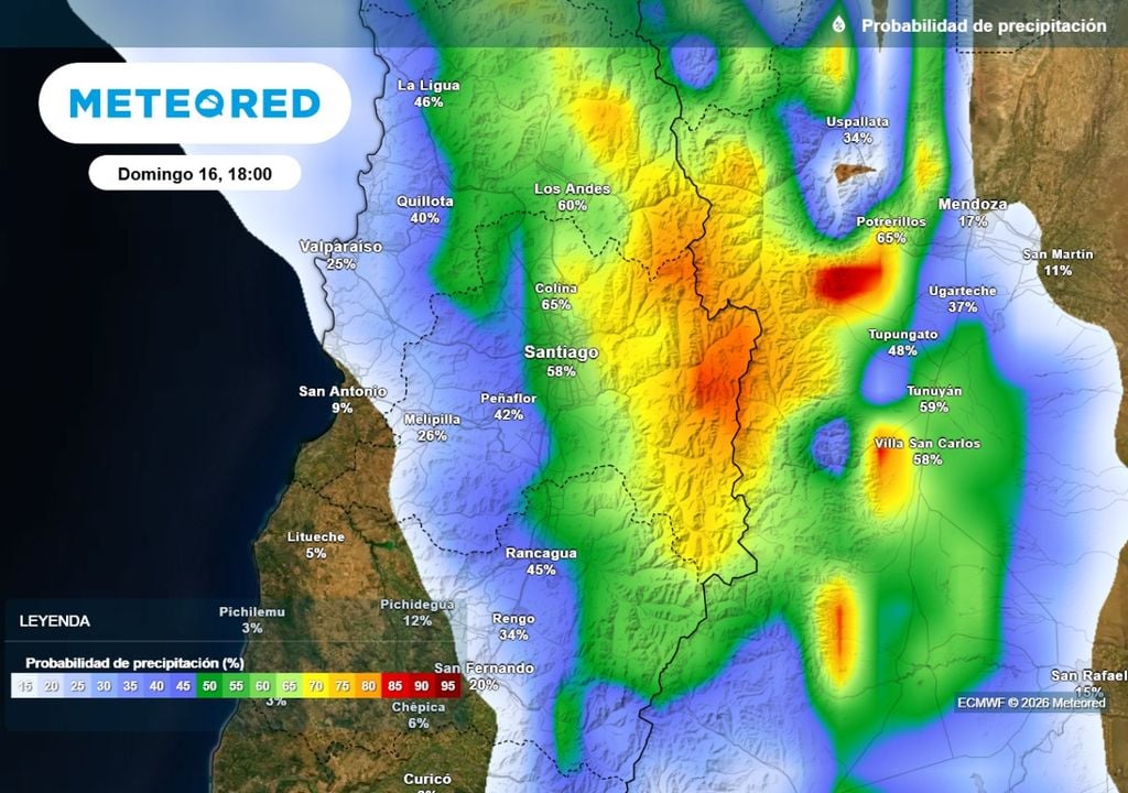 Probabilidad de lluvias Durante el domingo el ECMWF estima una probabilidad de lluvias sobre el 50 % para Santiago y sobre el 70 % en sectores cordilleranos.