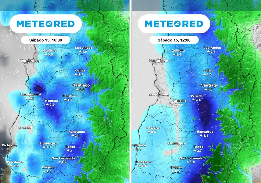 ECMWF y GFS Modelo europeo (imagen izquierda) y GFS (imagen derecha) coinciden en que este sábado se presentarían las lluvias más importantes en Santiago.