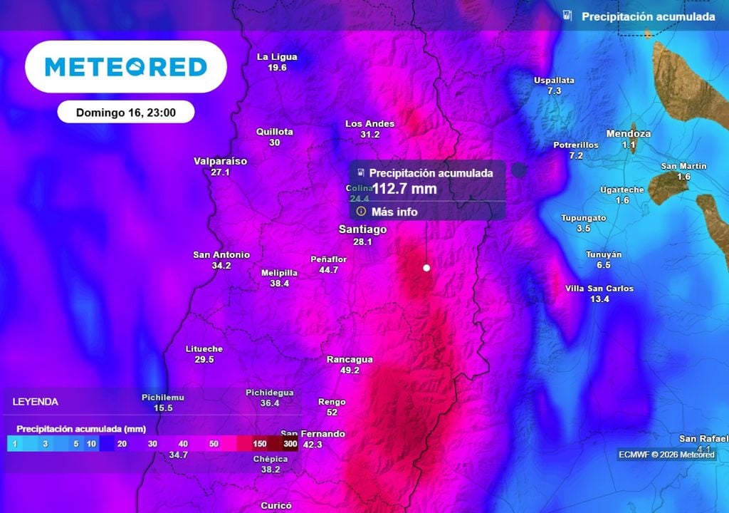 ECMWF Modelo ECMWF: Santiago acumularía este finde semana cerca de 30 mm, mientras hacia la cordillera el modelo prevé más de 100 mm de agua caída.
