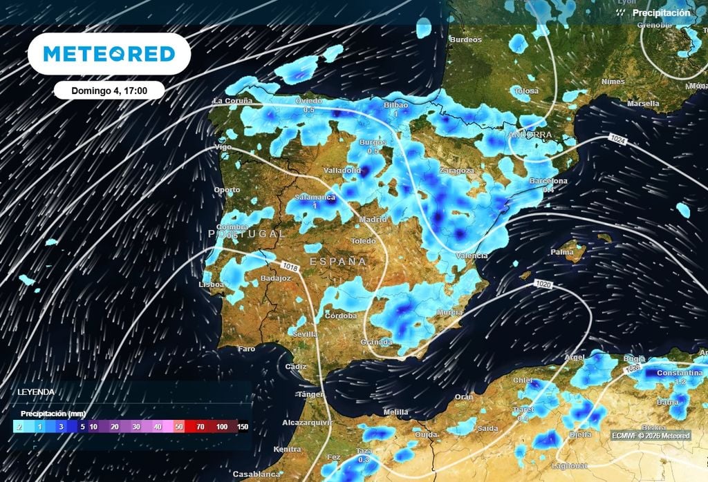 La presencia de la dana dará lugar a chubascos tormentosos el domingo en el norte y oeste de la Península, mientras que en el Mediterráneo las lluvias estarán asociadas al flujo de levante y la presencia de algo de aire frío en altura.