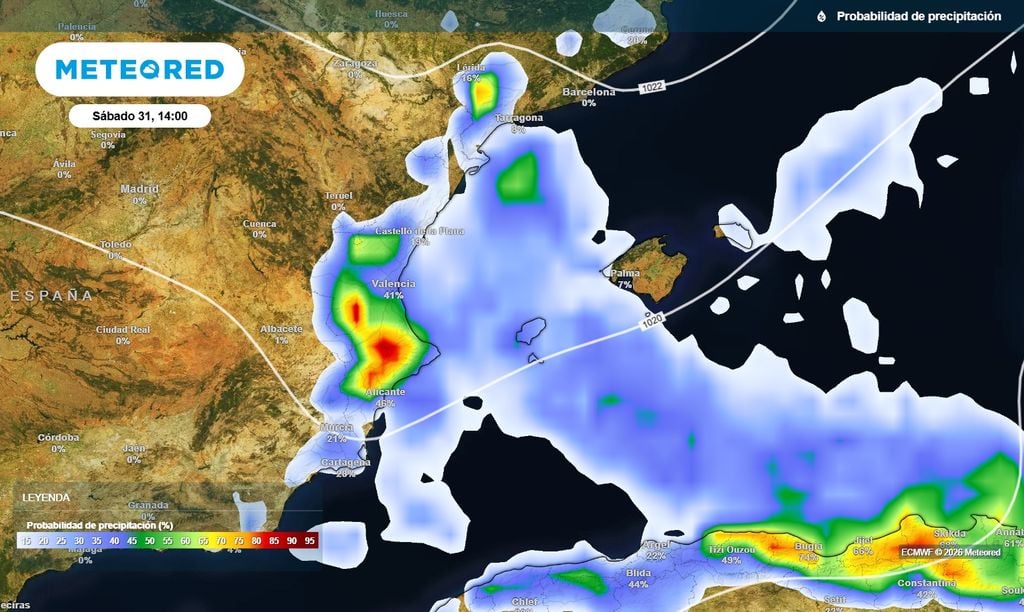 Mañana el flujo de gregal aportará humedad, y junto al aire frío en altura dará lugar a precipitaciones en el este y Baleares.