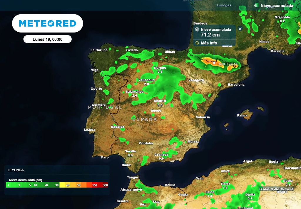 La nevadas será muy considerable en puntos del Pirineo, donde caerán más de 50 cm de nieve nueva.