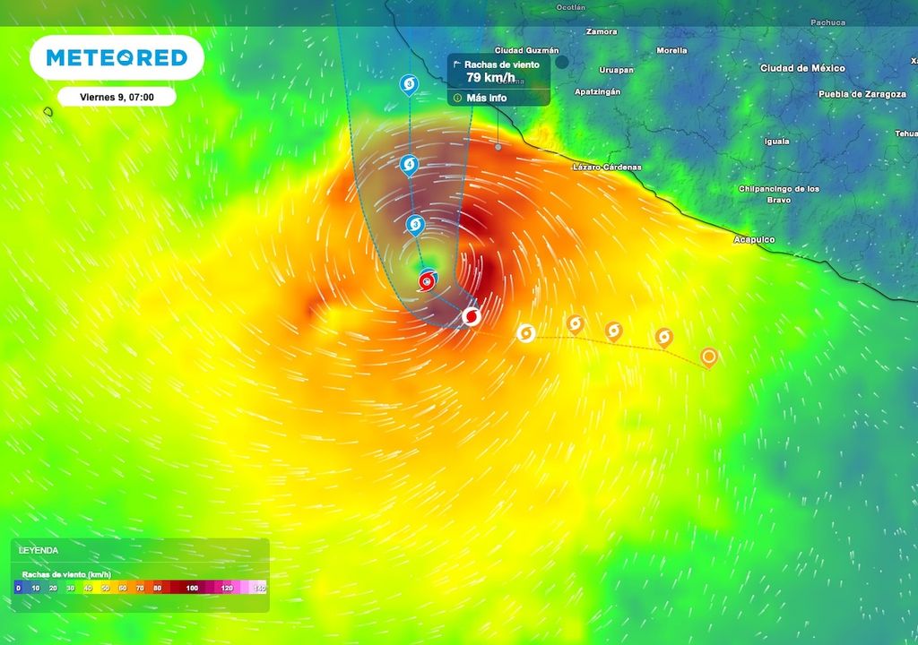 Se registra viento de hasta 40 km/h con rachas de 50 a 70 km/h en costas de Guerrero y Michoacán, y rachas de 30 a 50 km/h en costas de Colima. Se registra viento de hasta 40 km/h con rachas de 50 a 70 km/h en costas de Guerrero y Michoacán, y rachas de 30 a 50 km/h en costas de Colima.