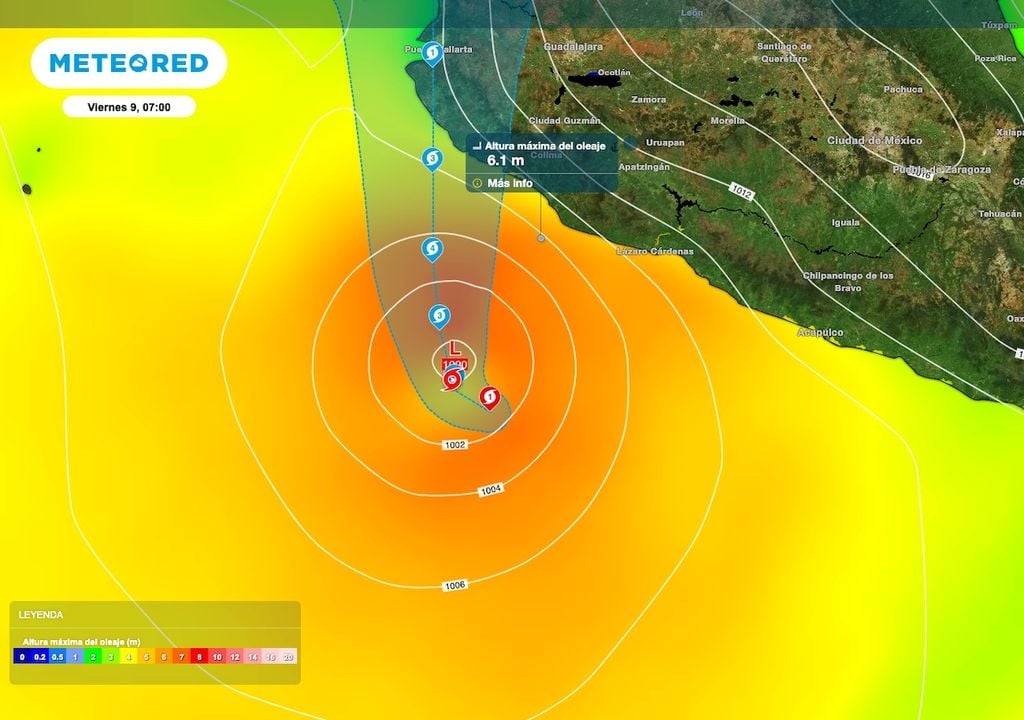 El viento viene acompañado de oleaje peligroso de 3 a 6 metros de altura en Colima, Michoacán y Guerrero, y de 1 a 3 metros en Jalisco. El viento viene acompañado de oleaje peligroso de 3 a 6 metros de altura en Colima, Michoacán y Guerrero, y de 1 a 3 metros en Jalisco.