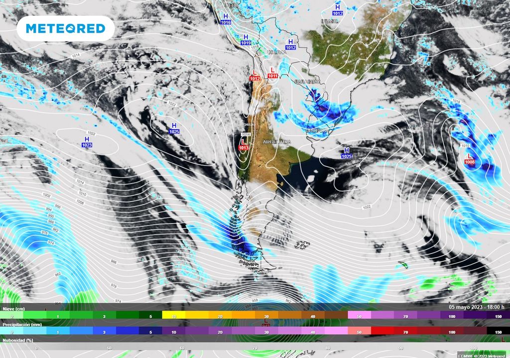 precipitación; presión; nubes previstas; modelo ECMWF