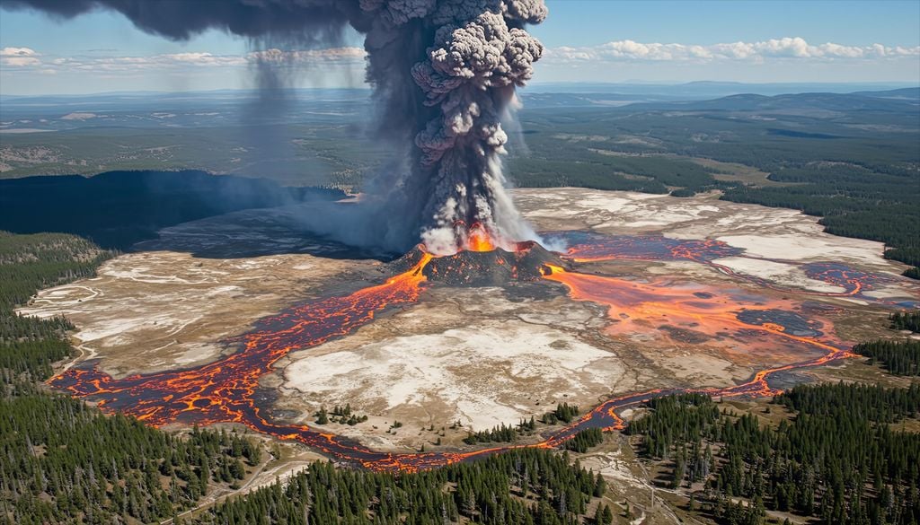 Erupción super Yellowstone Vista aérea de la caldera de Yellowstone: mide aproximadamente 55 × 72 km y se encuentra en la esquina noroeste de Wyoming, donde se sitúa la mayor parte del parque del mismo nombre