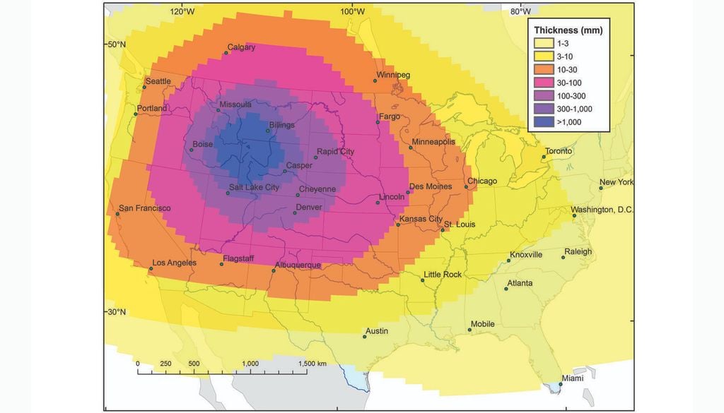 Mapa USGS Mapa de la distribución de cenizas que podría producirse tras una supererupción de Yellowstone de un mes de duración según el modelo. Los resultados varían en función del viento y las condiciones de la erupción. Fuente: USGS