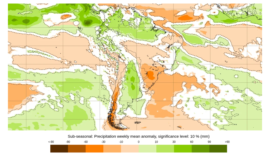 Previsão de anomalia semanal de chuva para a semana entre 1 e 8 de junho, segundo o ECMWF. Créditos: ECMWF.