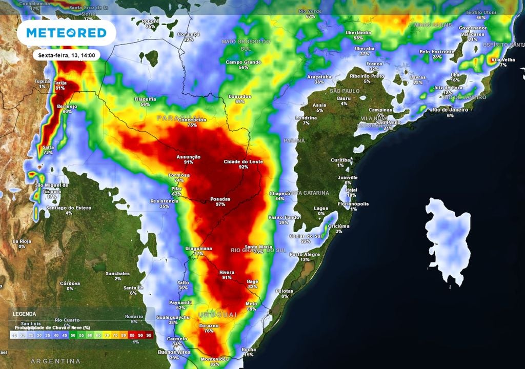 Previsão de probabilidade de chuva na sexta-feira durante a tarde.