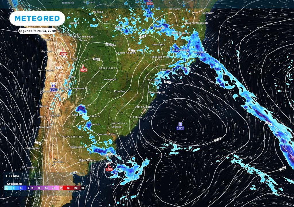 Previsão de pressão atmosférica, direção do vento e chuvas no final desta segunda-feira.