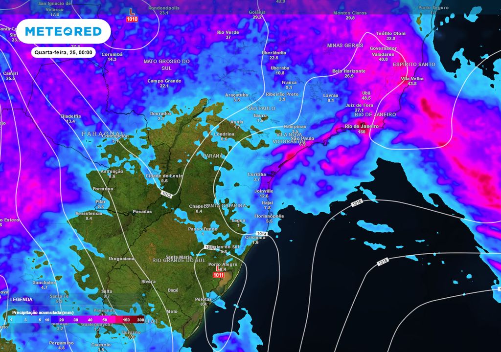 Previsão de acumulados totais de chuva até o final da terça-feira.