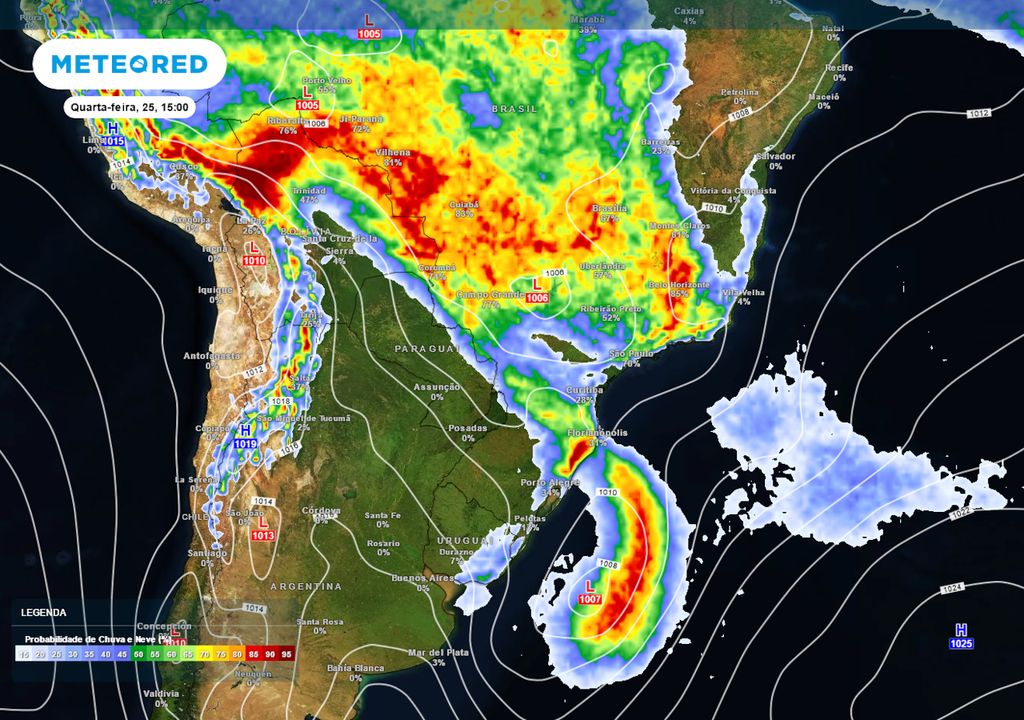Previsão de probabilidade de chuvas na quarta-feira às 15h.
