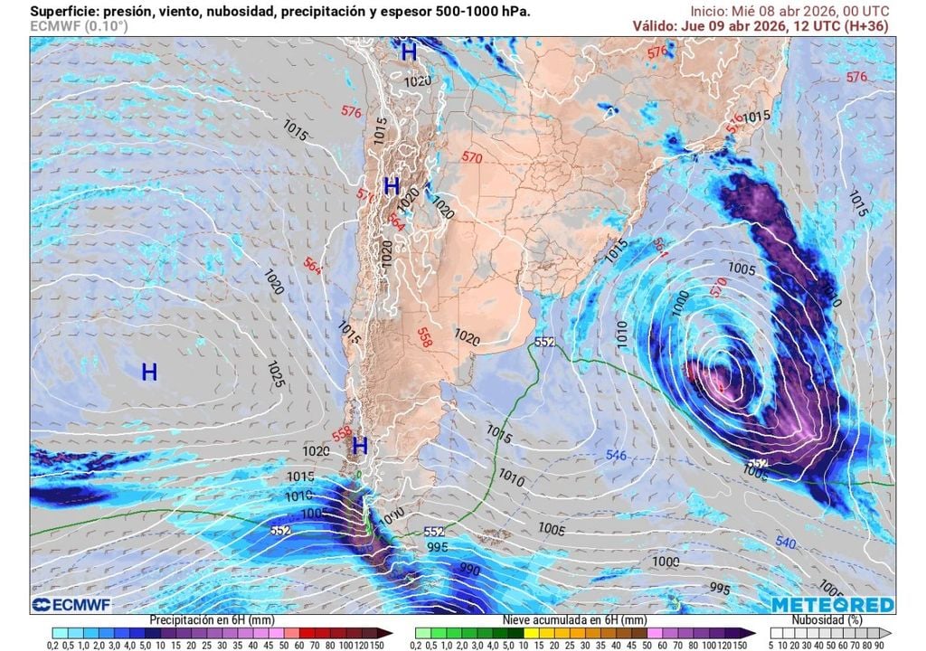 Alta de bloqueo frena las lluvias: el sistema frontal queda confinado al sur, mientras la zona central se mantiene estable.