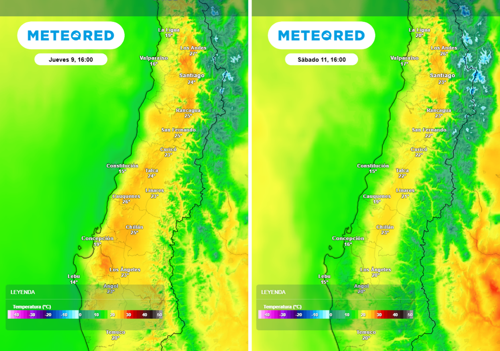 El contraste entre jueves y sábado muestra una baja generalizada de las temperaturas en la zona central, con el sábado como el día más fresco del período.
