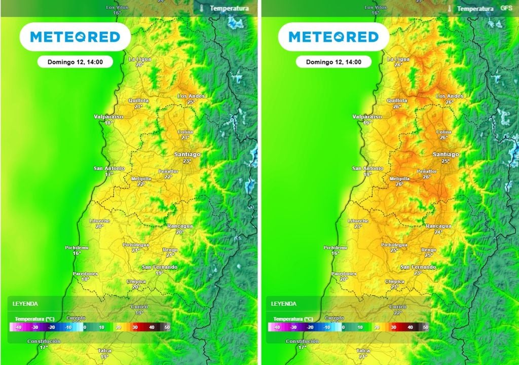 ¿Más calor el domingo? GFS proyecta temperaturas más altas que ECMWF en la zona centro-norte.