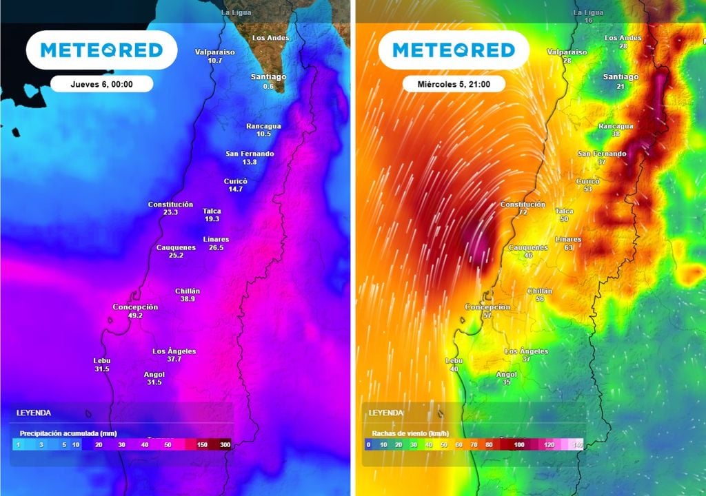 El día miércoles las intensas rachas de viento y los mayores montos acumulados se concentrarán en el centro sur.
