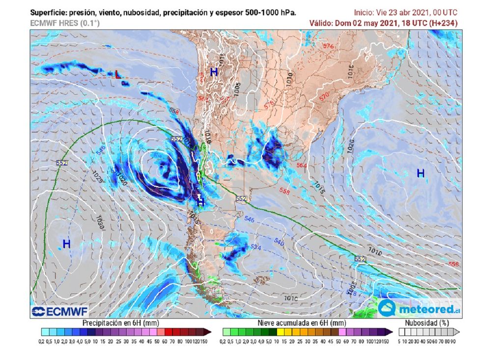 Presión, viento y precipitación prevista comienzos de mayo ECMWF