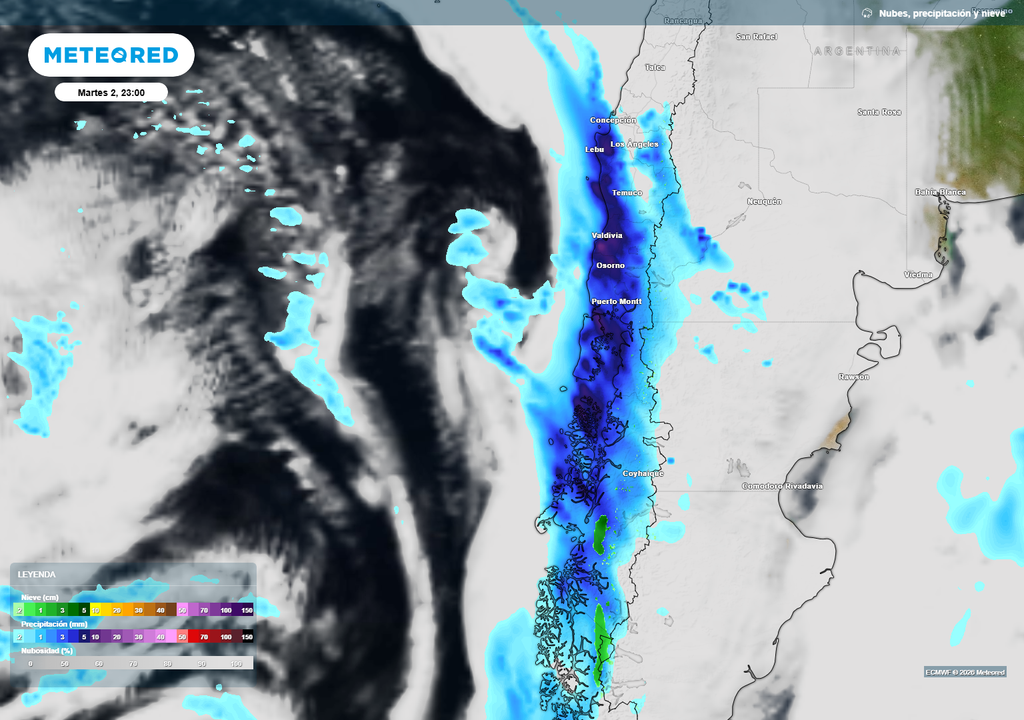 precipitaciones previstas Se esperan chubascos intensos durante la noche del martes 02 en el sur de Chile.
