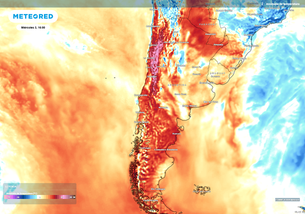 anomalía de temperatura en superficie Más de 12 ºC por sobre el promedio de la época marcarán las temperaturas en la primera mitad de esta semana a lo largo de Chile. El norte será uno de los puntos más cálidos del país.