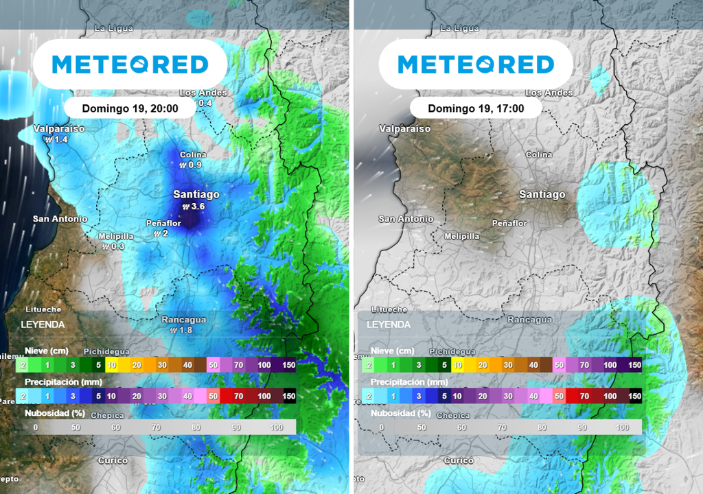 Diferencias entre modelos: el modelo ECMWF (imagen izquierda) indica lluvias relevantes este fin de semana en Santiago.