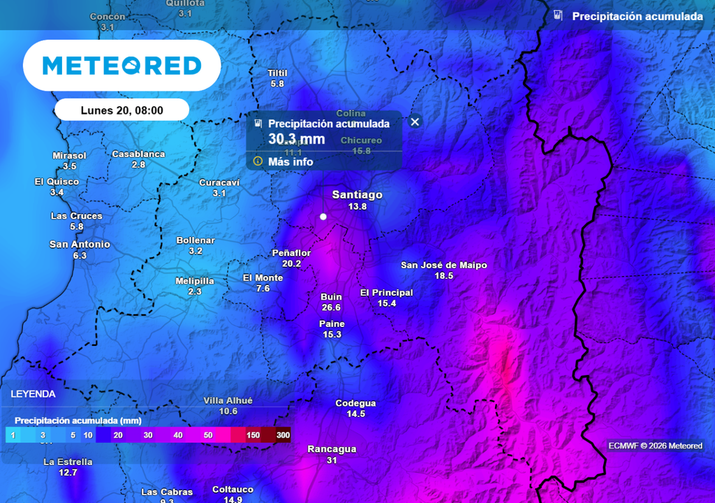 Si bién debemos esperar próximas actualizaciones, el ECMWF prevé acumulados relevantes en zonas de la RM.
