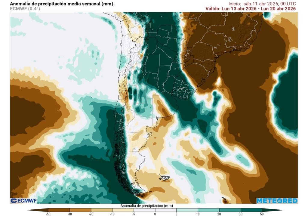 Anomalía de precipitaciones del modelo ECMWF para la semana muestra un claro contraste: déficit en la zona central y condiciones más lluviosas de lo normal en el centro-sur del país.