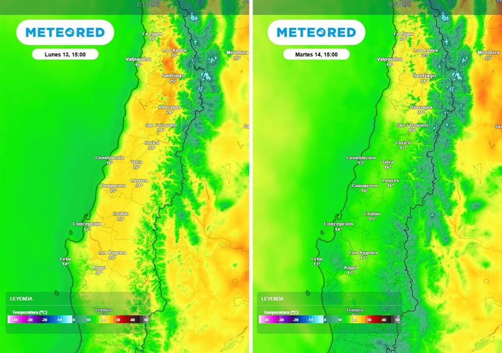 Comparación de temperatura máxima entre lunes y martes muestra un descenso generalizado, más notorio en el centro-sur del país, asociado al aumento de nubosidad y al ingreso de aire más frío.